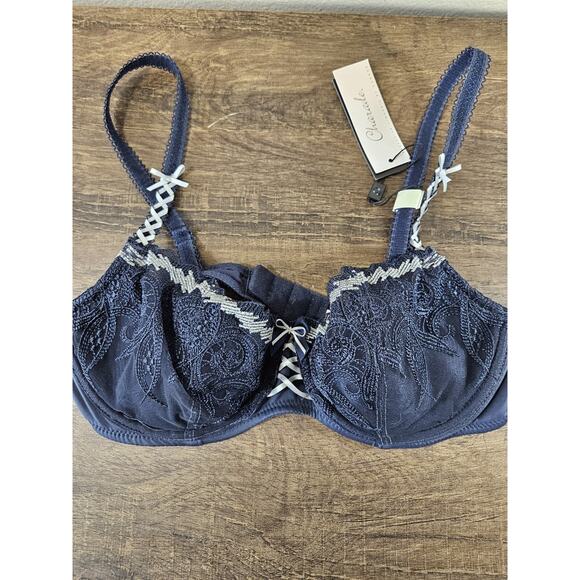 Change Lingerie Charade Navy Blue Lace Push Up Bra 34B NWOT Bow Ties Sexy - Picture 1 of 7